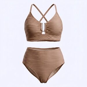 Wavy Textured High Waisted Bikini Set Tan U-Ring Detail Size Medium